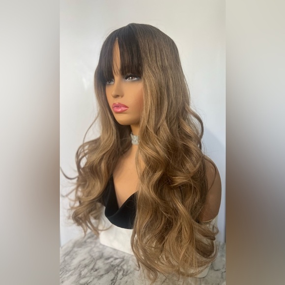 Balayage dark Roots Medium ash Blonde with bangs Wig 22 Inch - Picture 4 of 5
